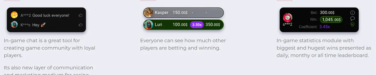 This image displays features of the Aviator game, including in-game chat and player statistics. The first section shows the chat feature, where players can wish each other luck and interact with one another. The second section highlights how player bets and multipliers are displayed in real-time, allowing everyone to see how much others are betting and winning. The last section showcases the game’s leaderboard with statistics on the biggest bets and wins, providing daily, monthly, or all-time rankings. This promotes community engagement and competition within the game.