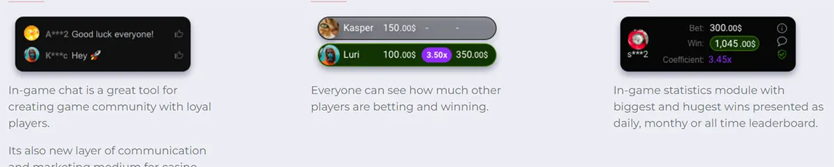 This image displays features of the Aviator game, including in-game chat and player statistics. The first section shows the chat feature, where players can wish each other luck and interact with one another. The second section highlights how player bets and multipliers are displayed in real-time, allowing everyone to see how much others are betting and winning. The last section showcases the game’s leaderboard with statistics on the biggest bets and wins, providing daily, monthly, or all-time rankings. This promotes community engagement and competition within the game.
